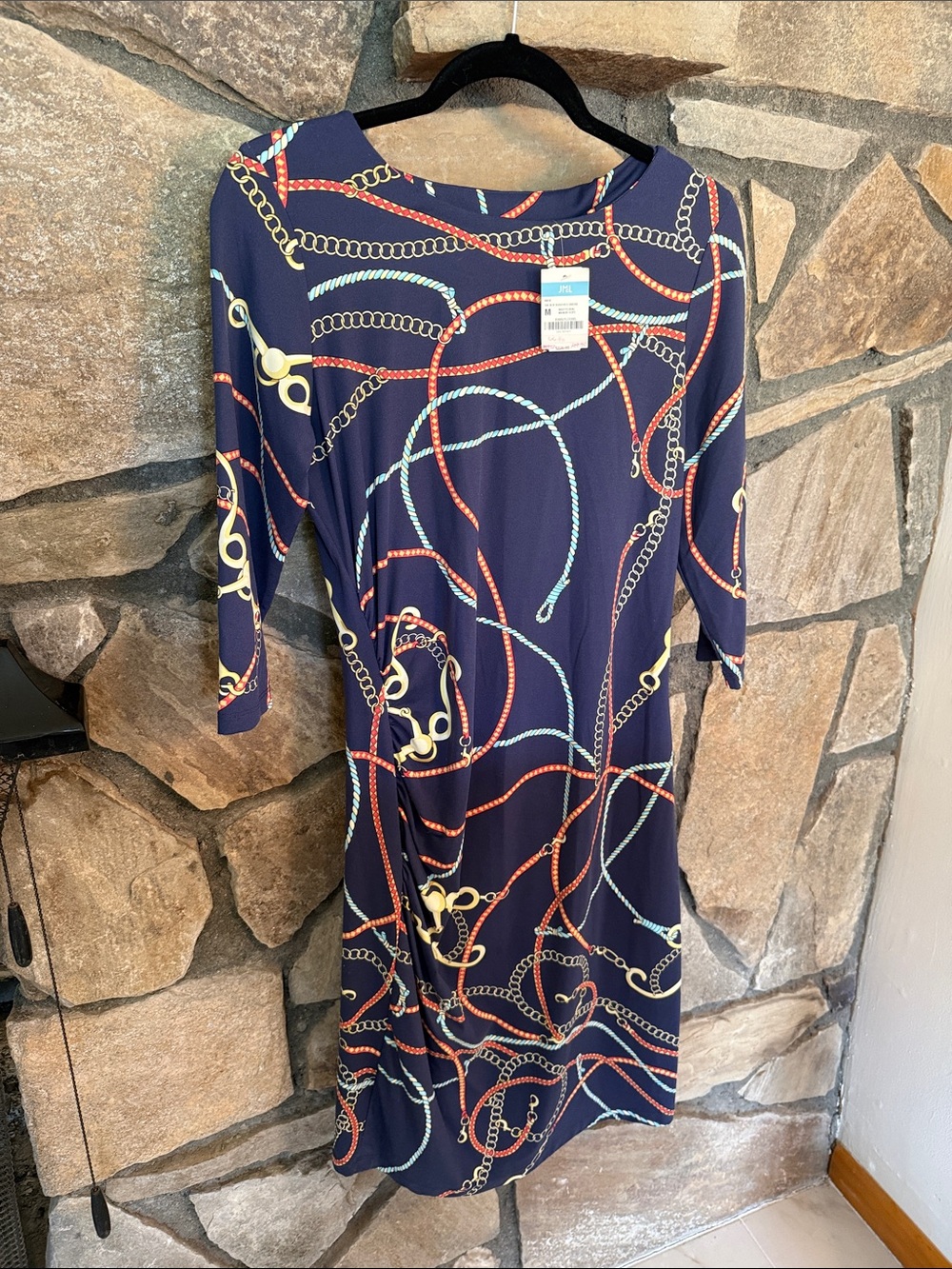 J. McLaughlin Catalina Cloth-3/4 sleeve Navy Chain-Print Dress-medium-NWT